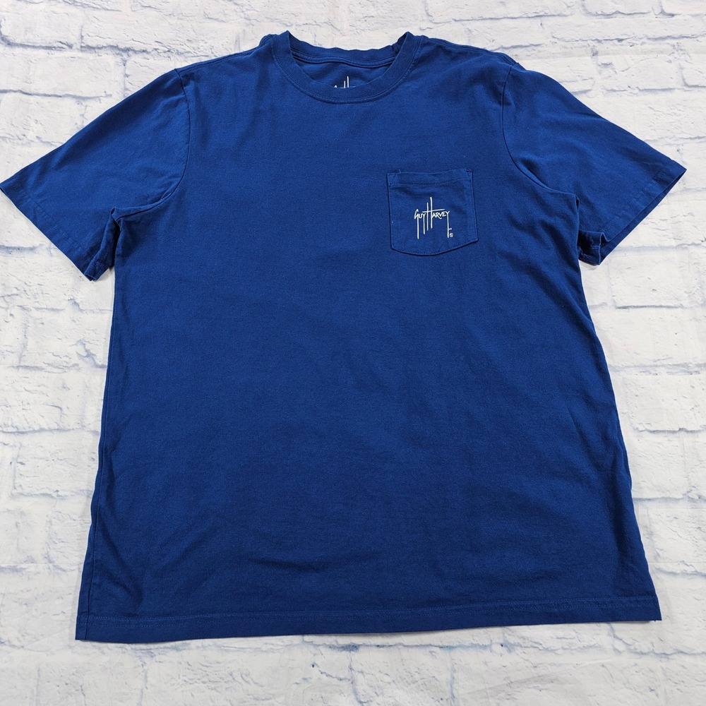 Guy Harvey Pocket T-Shirt Mens Large Blue Short Sleeve Cotton Fishing Coastal